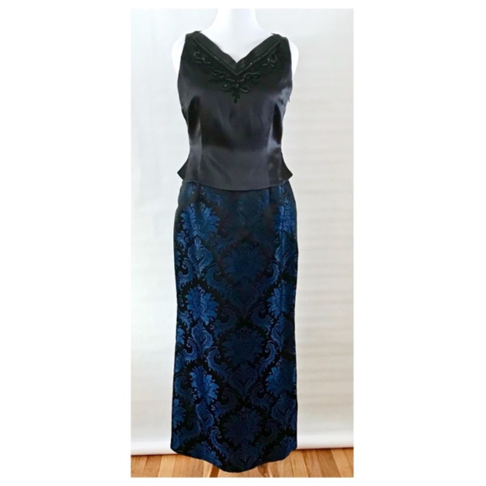J. Peterman Black Silk Top Blue Brocade Skirt - 2 Piece Evening Vintage